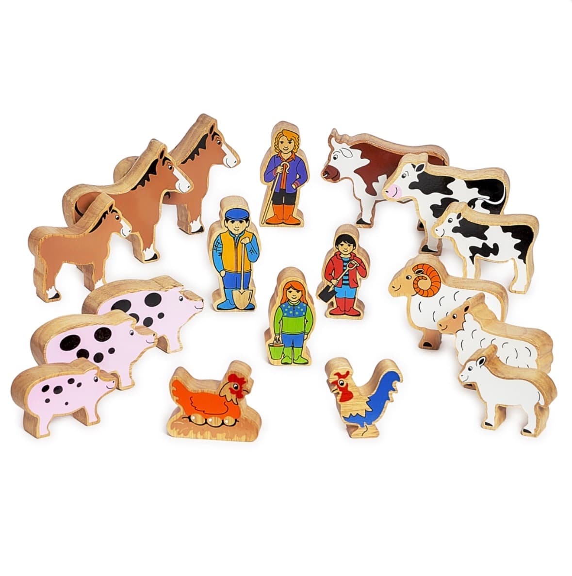 Hand-painted wooden farm animals and figures